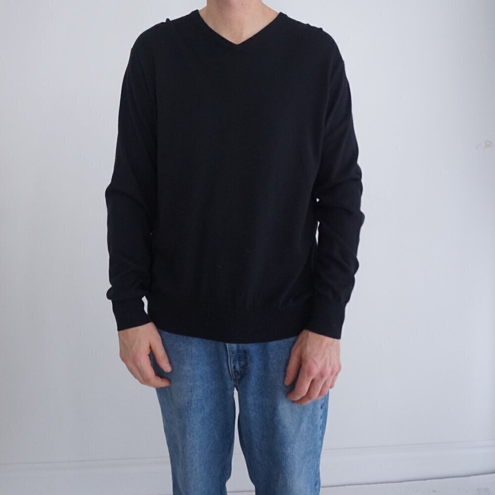 Peter Millar Black 4% Cashmere 76% Silk Fine Knit V-Neck Luxury Sweater Large